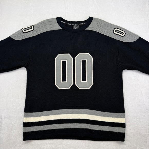 Vintage Match One Sport Mens XL Black Hockey Jersey Sweater 00 Heavy Knit Rare - Picture 6 of 9